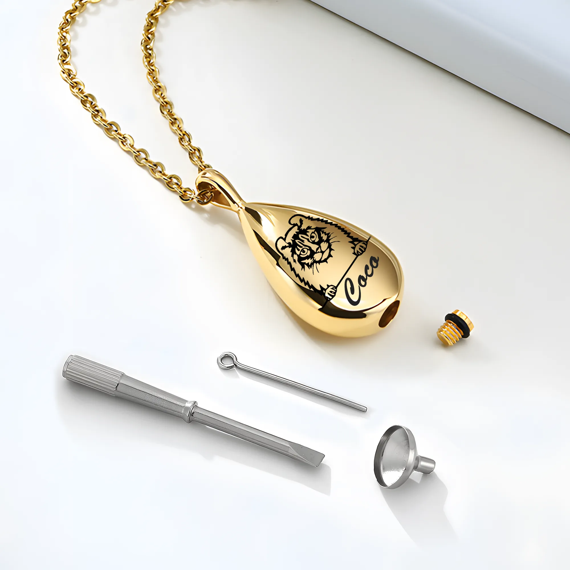 Custom Teardrop Pet Memorial Urn Necklace with Engraved Portrait & Name