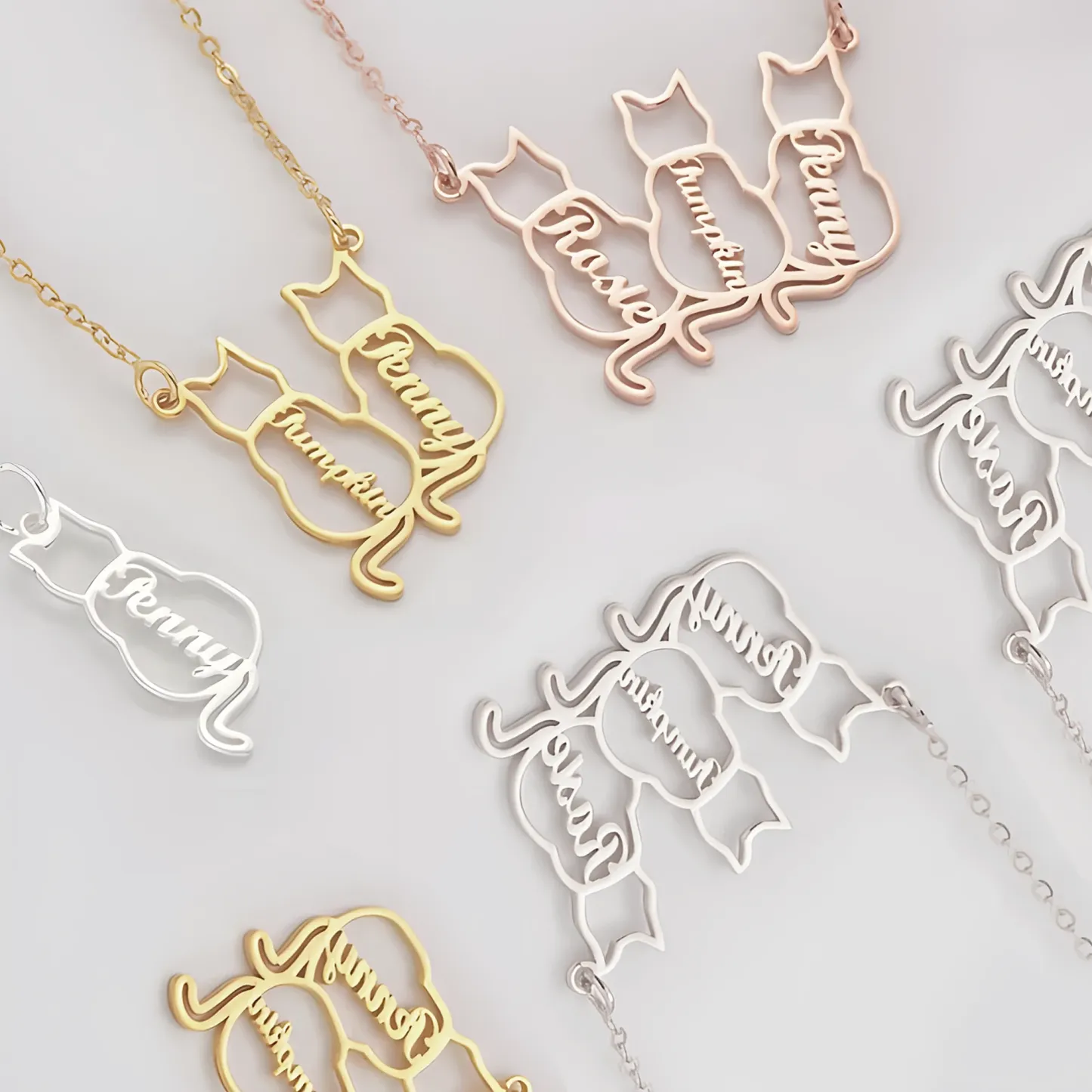 Custom 1–6 Cat Back Outline Name Necklace