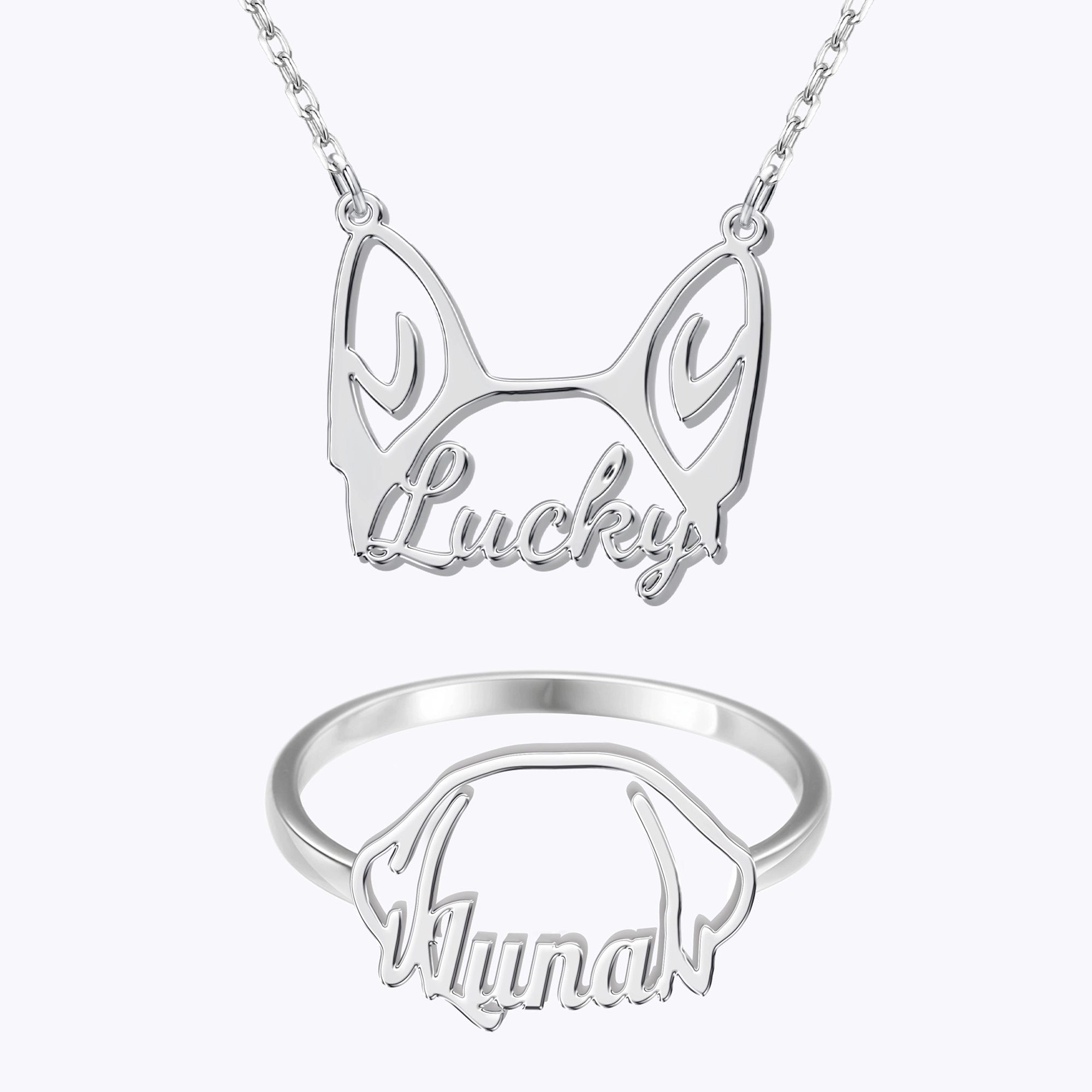 Personalized Dog Ears Name Necklace and Ring for Dog Pet Lover