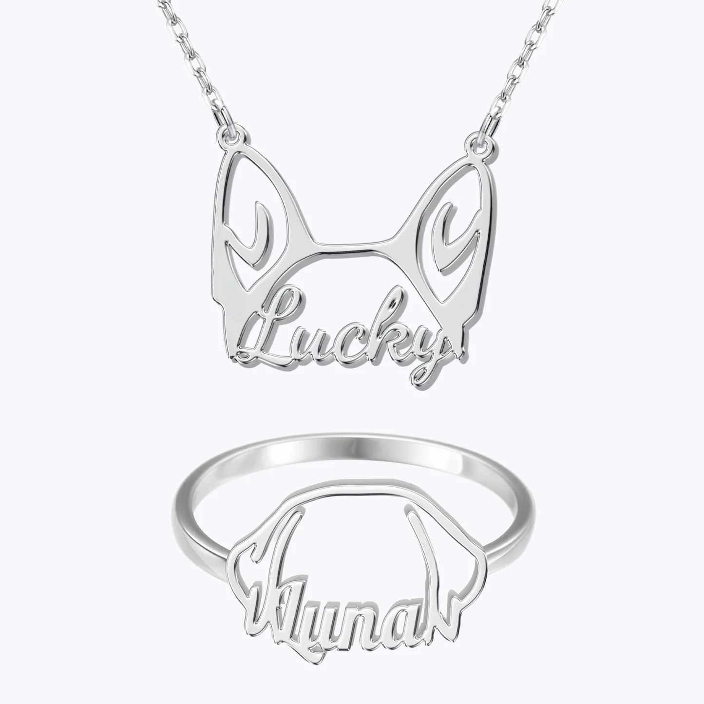 Personalized Dog Ears Name Necklace and Ring for Dog Pet Lover