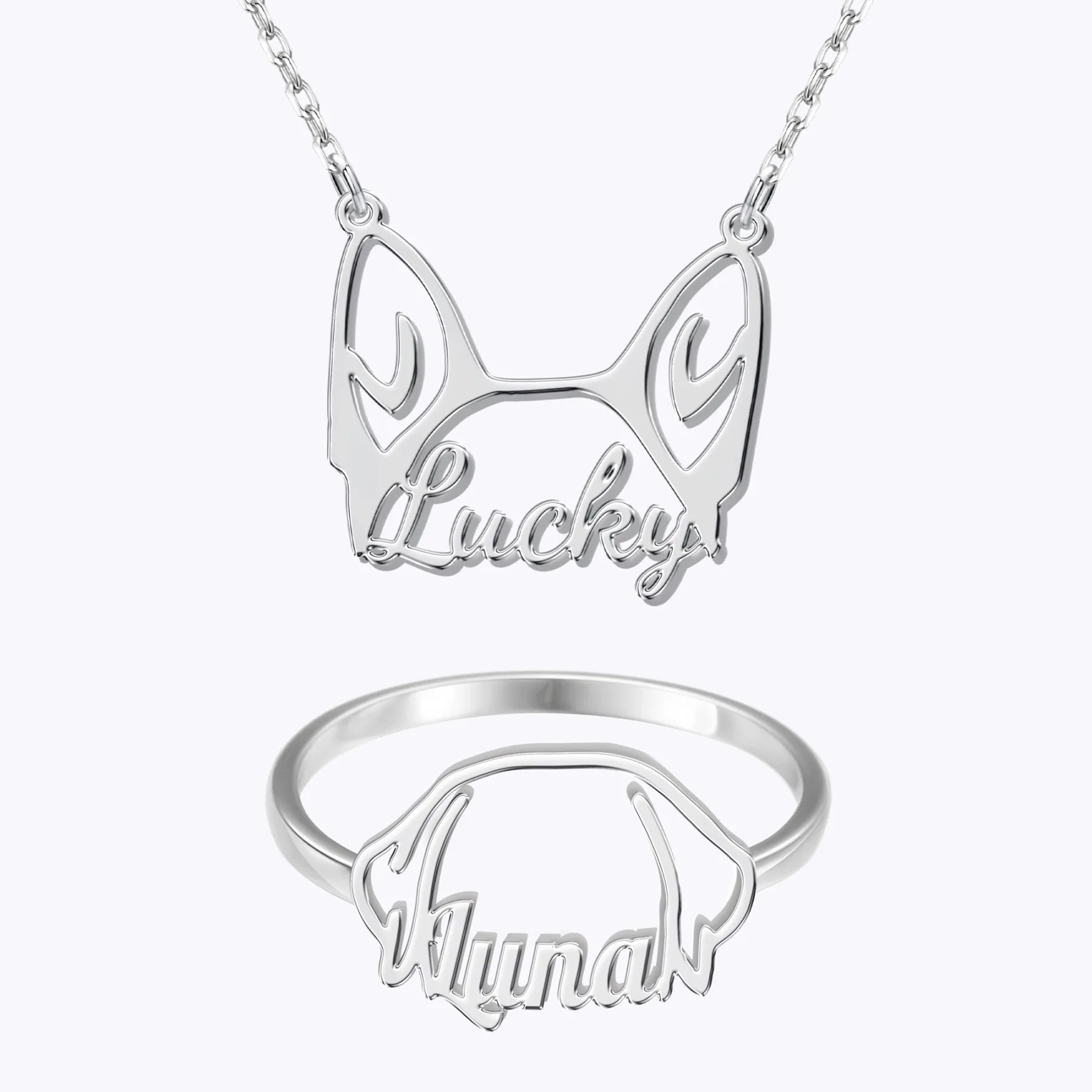 Personalized Dog Ears Name Necklace and Ring for Dog Pet Lover