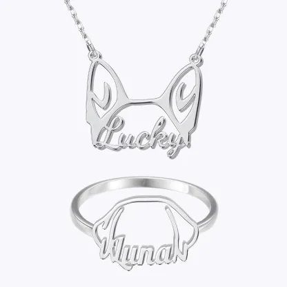 Personalized Dog Ears Name Necklace and Ring for Dog Pet Lover