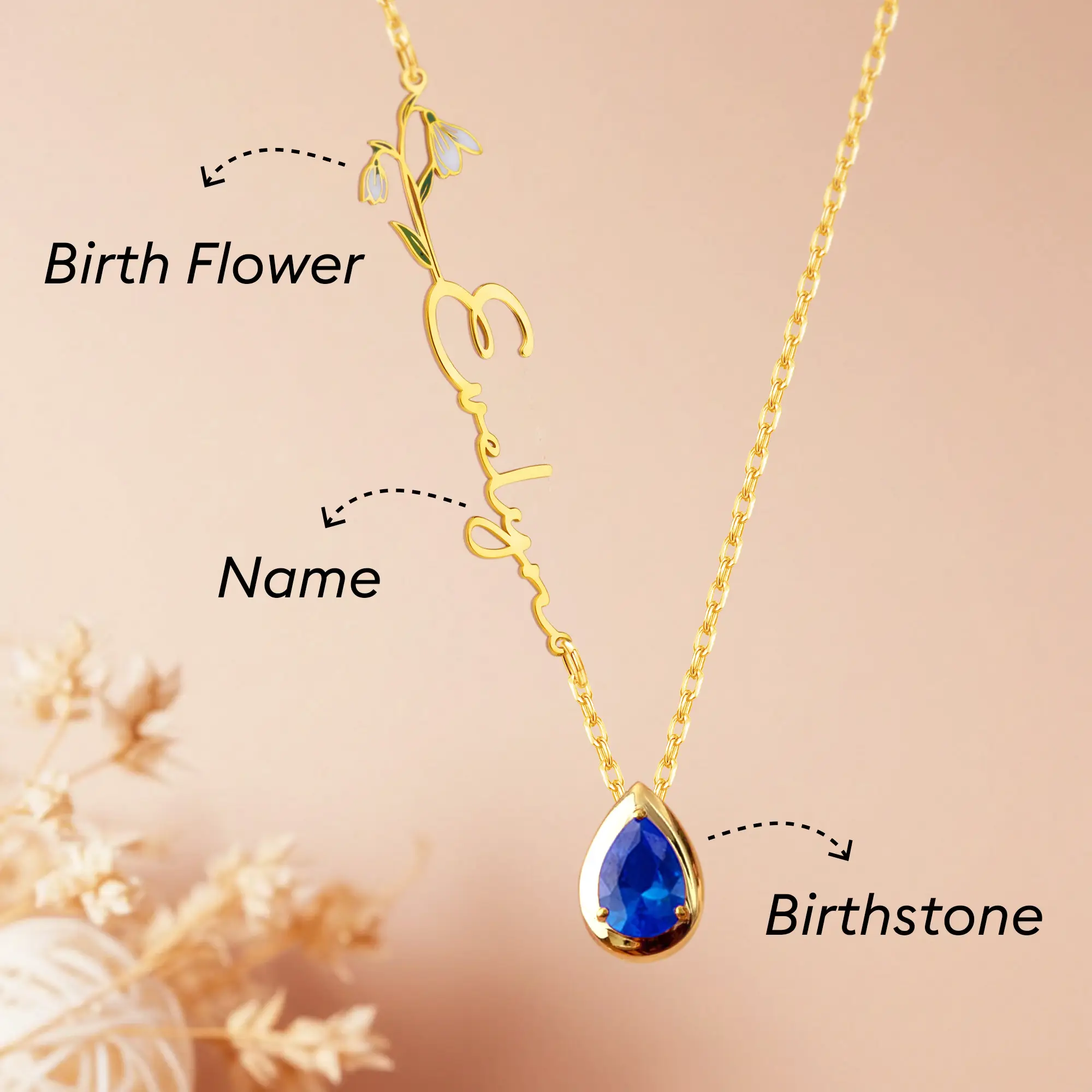 Pesonalized Birth Flower & Birthstone Name Necklace-BY PROMISE-Birth Flower,Birthstone,Name