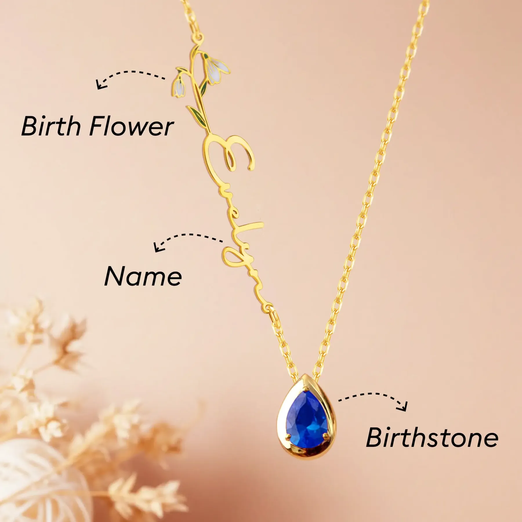 Pesonalized Birth Flower & Birthstone Name Necklace-BY PROMISE-Birth Flower,Birthstone,Name