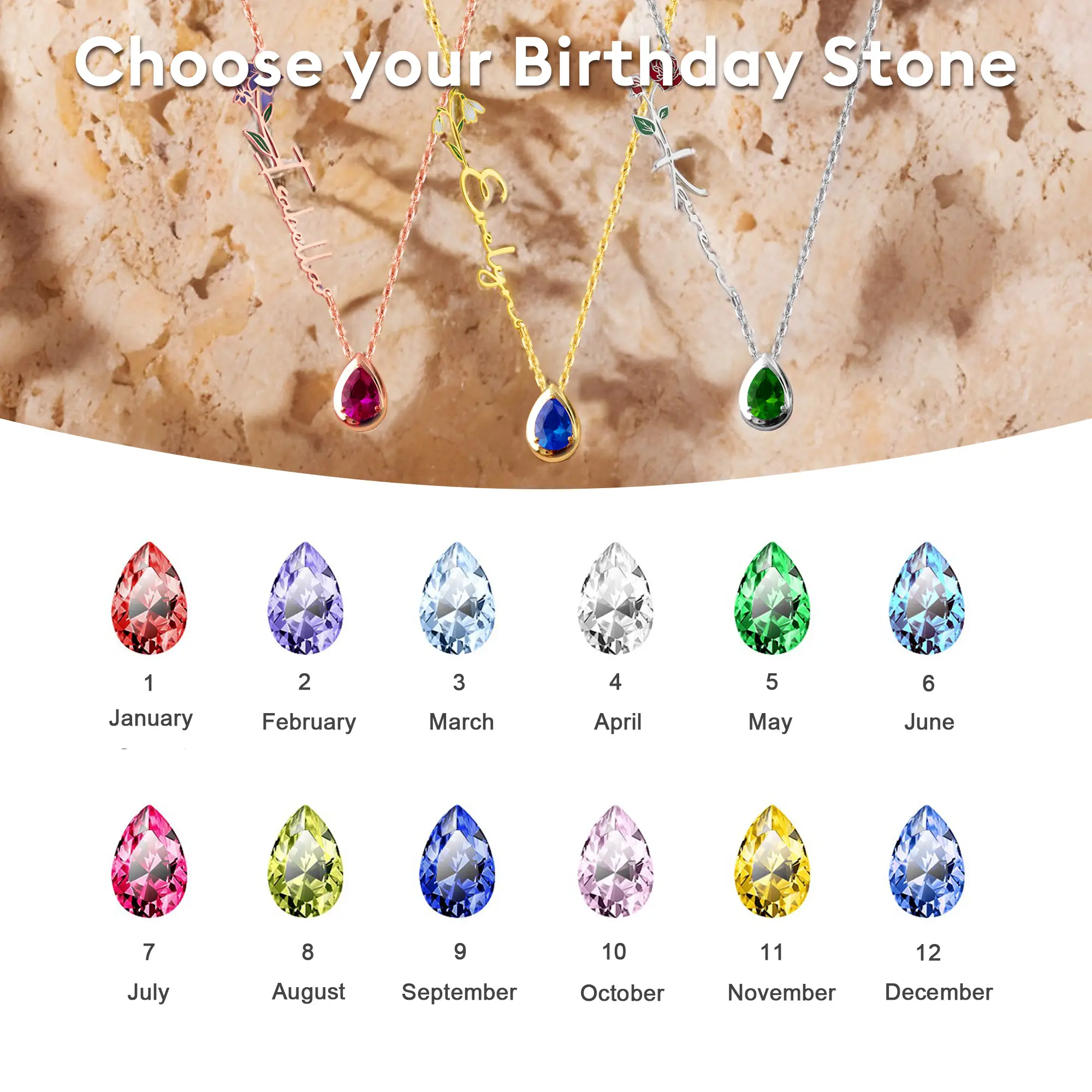 Pesonalized Birth Flower & Birthstone Name Necklace-BY PROMISE-Birth Flower,Birthstone,Name