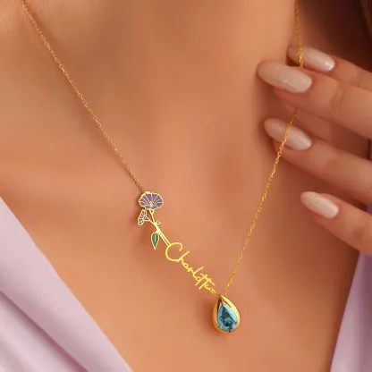 Pesonalized Birth Flower & Birthstone Name Necklace-BY PROMISE-Birth Flower,Birthstone,Name