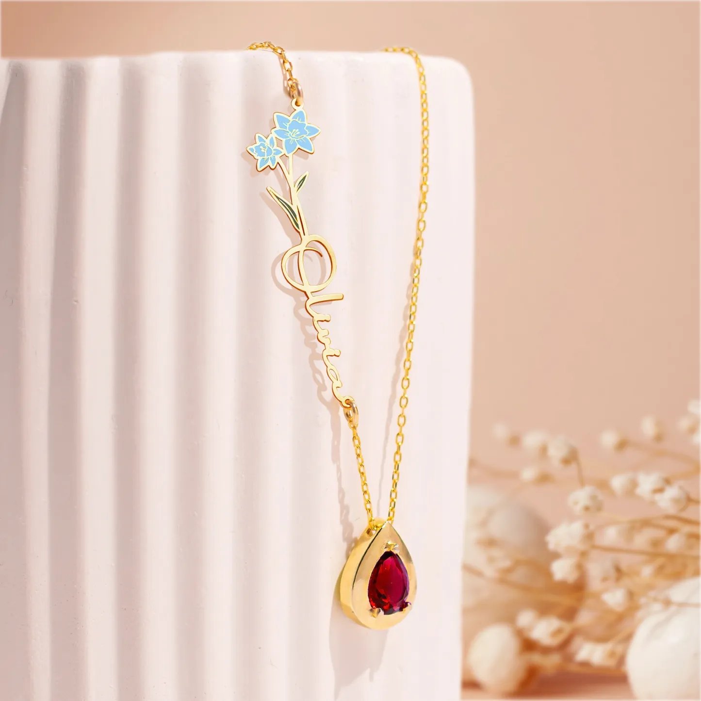 Personalized Birth Flower & Birthstone Name Necklace