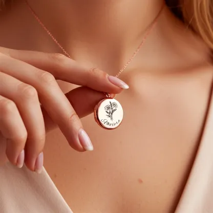 Birth Flower Locket Necklace with Hidden Photos-BY PROMISE-For Mom,Name,Birth Flower