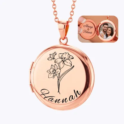 Birth Flower Locket Necklace with Hidden Photos-BY PROMISE-For Mom,Name,Birth Flower