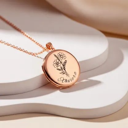 Birth Flower Locket Necklace with Hidden Photos-BY PROMISE-For Mom,Name,Birth Flower