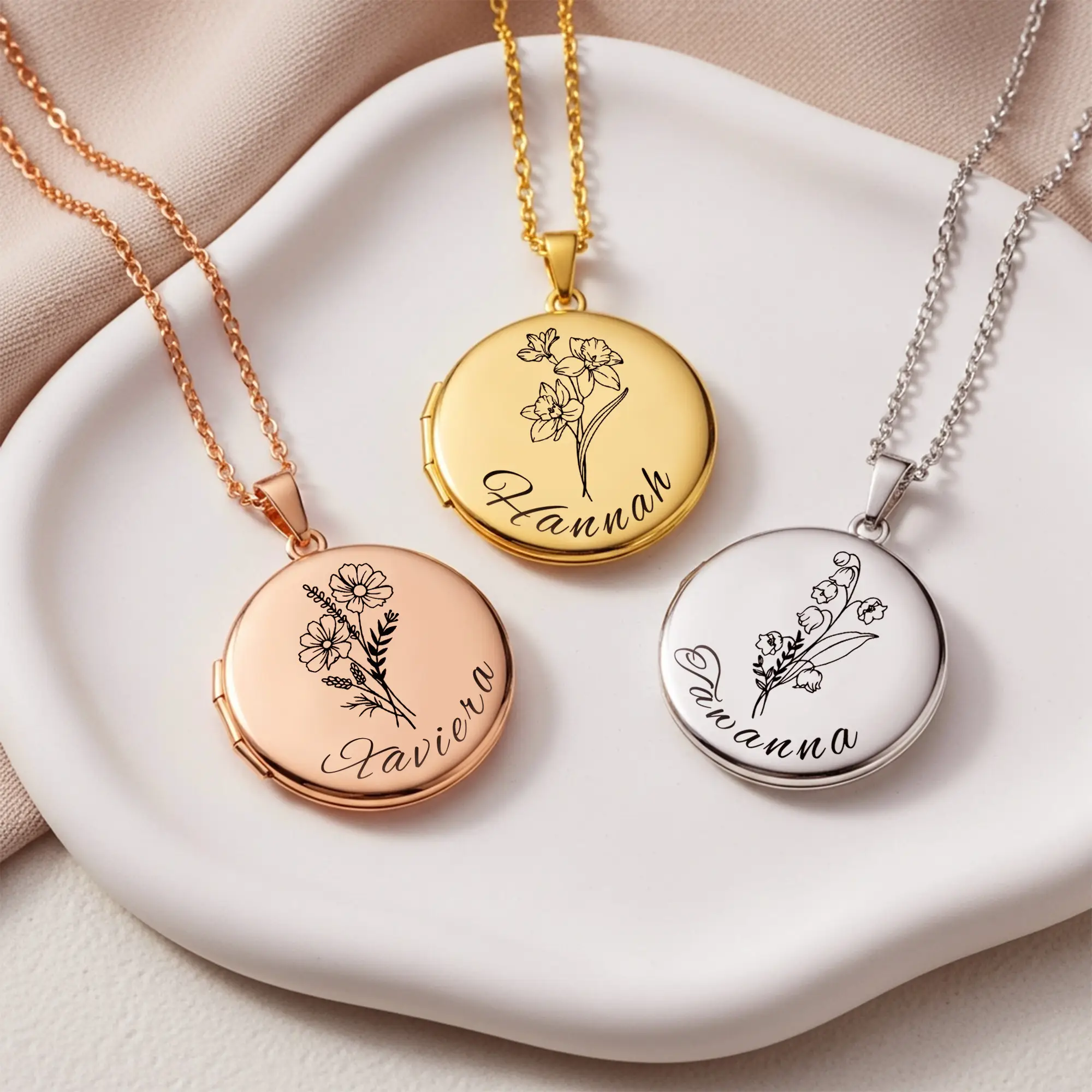 Birth Flower Locket Necklace with Hidden Photos-BY PROMISE-For Mom,Name,Birth Flower