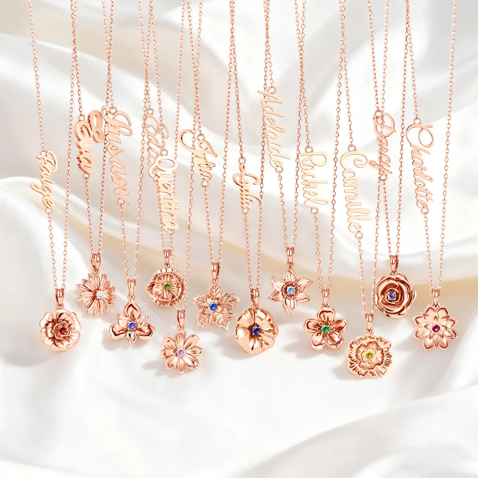 Custom Birth Flower with Birthstone Open Twist Name Necklace