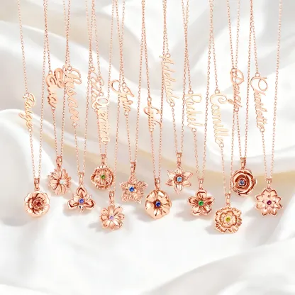 Custom Birth Flower with Birthstone Open Twist Name Necklace