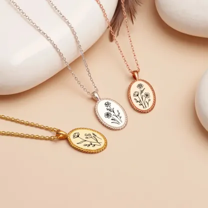 Personalized 1-5 Birth Flowers Oval Necklace-BY PROMISE-Birth Flower