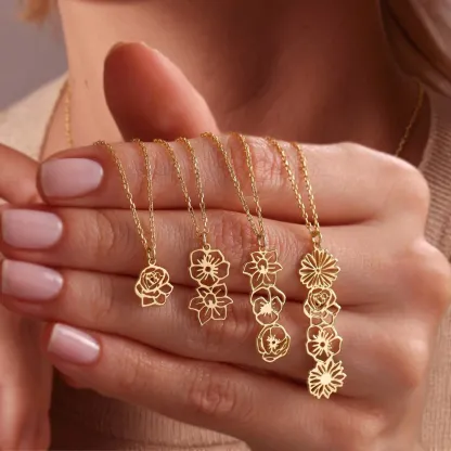 Custom 1-5 Connected Birth Flower Necklace-BY PROMISE-For Mom,Birth Flower