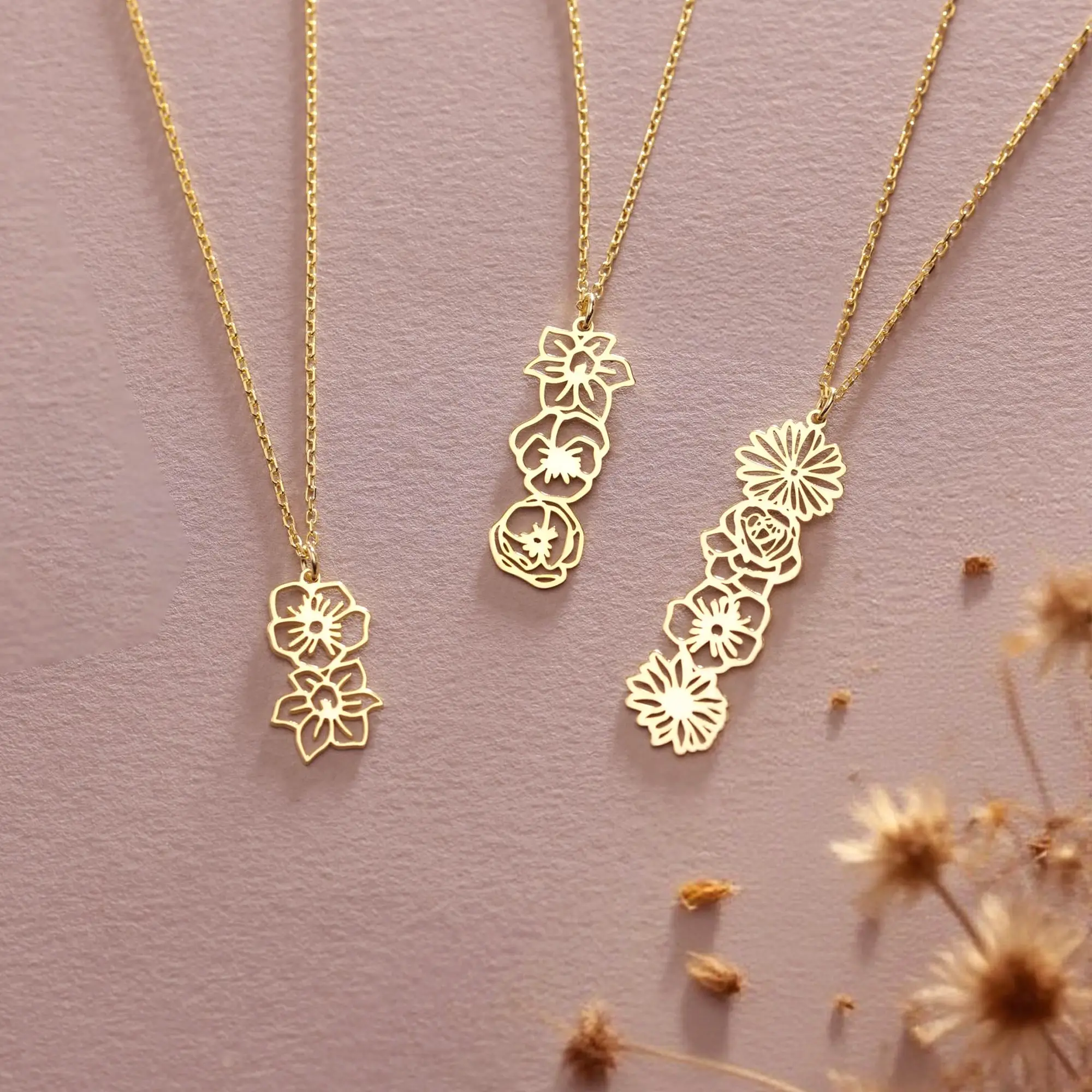 Custom 1-5 Connected Birth Flower Necklace-BY PROMISE-For Mom,Birth Flower