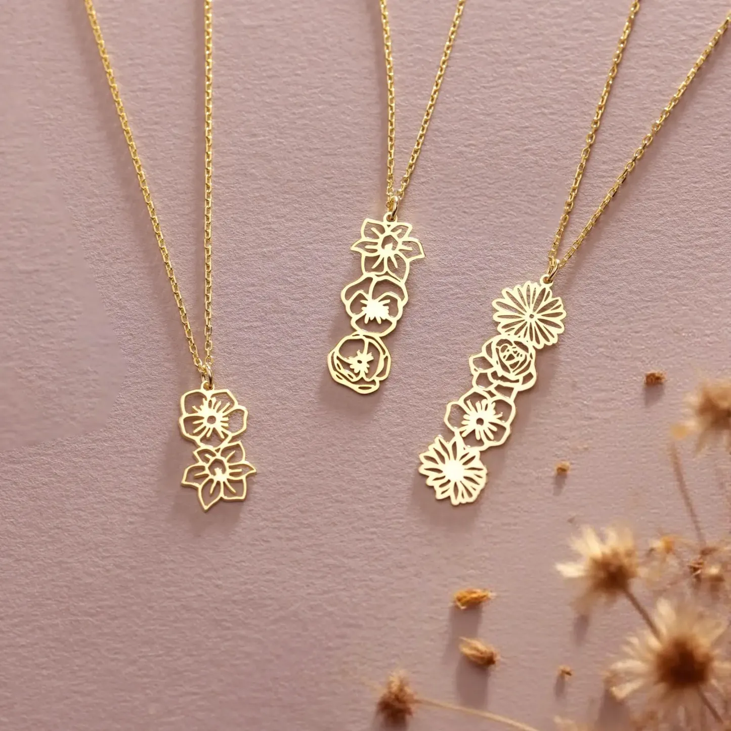 Custom 1-5 Connected Birth Flower Necklace-BY PROMISE-For Mom,Birth Flower