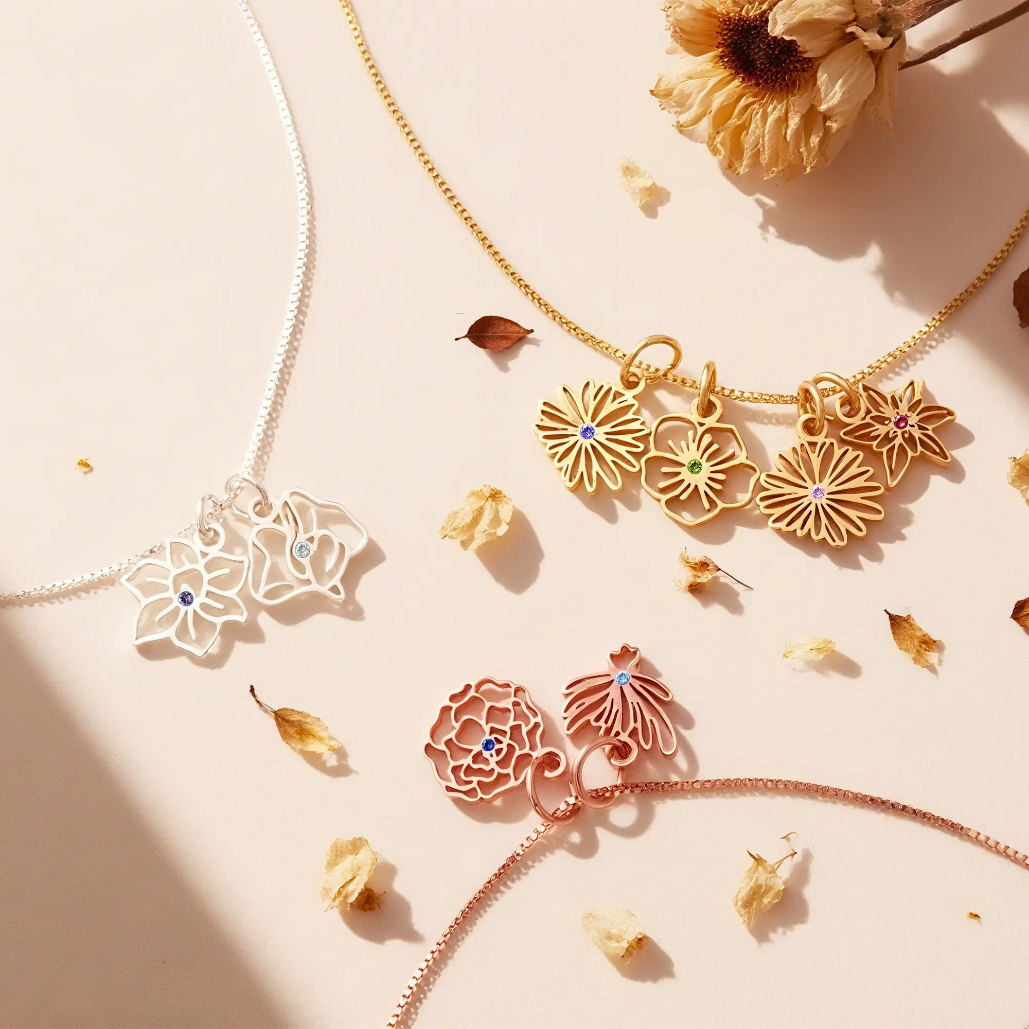 Custom 1-8 Separated Birth Flower Necklace with Birthstone-BY PROMISE-For Mom,Birth Flower,Birthstone