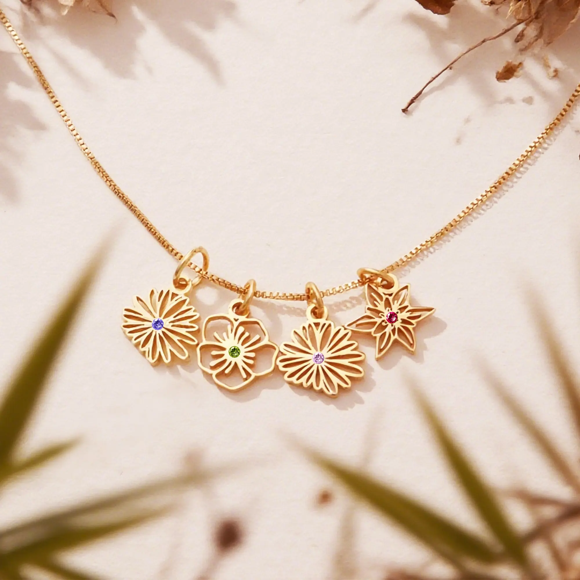 Custom 1-8 Separated Birth Flower Necklace with Birthstone-BY PROMISE-For Mom,Birth Flower,Birthstone