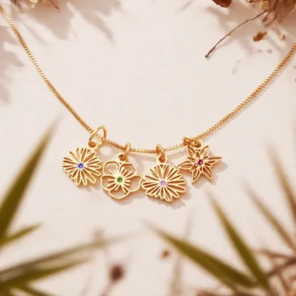 Custom 1-8 Separated Birth Flower Necklace with Birthstone-BY PROMISE-For Mom,Birth Flower,Birthstone