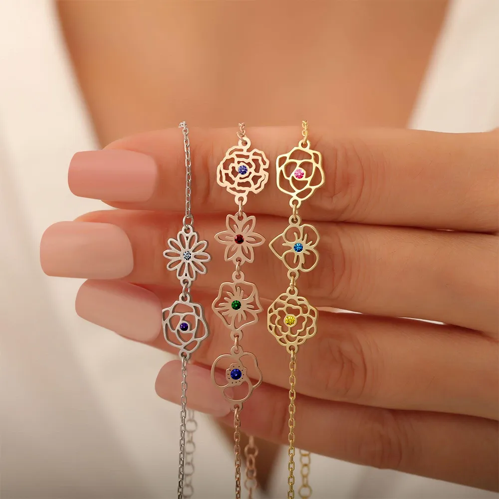 Custom 1-8 Birth Flower Necklace with Birthstone-BY PROMISE-For Mom,Birth Flower