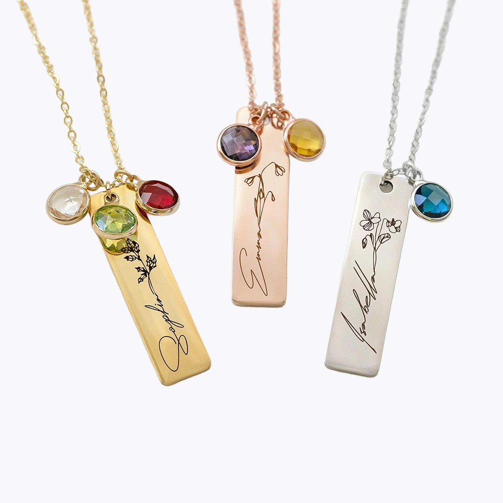 Custom Birth Flower Name Pendant Necklace with Birthstone