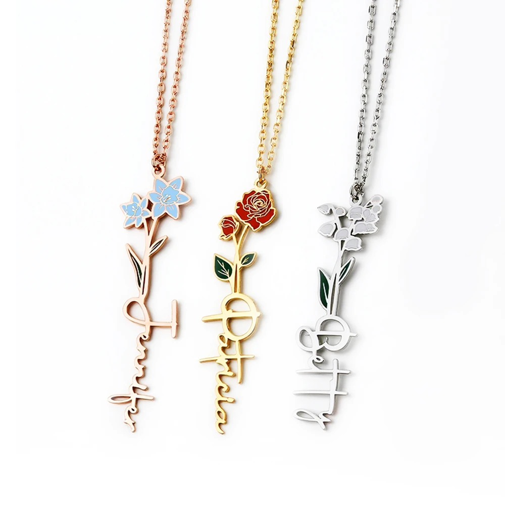 Personalized Colored Birth Flower Name Necklace