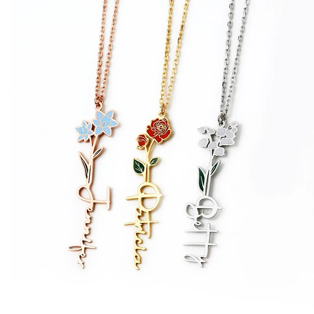 Personalized Colored Birth Flower Name Necklace