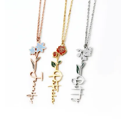 Personalized Colored Birth Flower Name Necklace