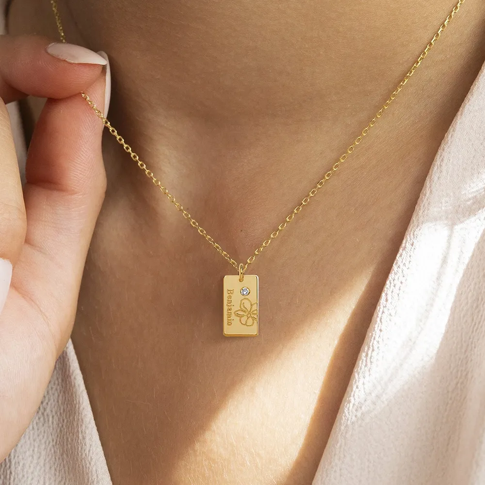 Custom Name Blossom Birth Flower Pendant Necklace with Birthstone-BY PROMISE-Birthstone,Birth Flower,Name