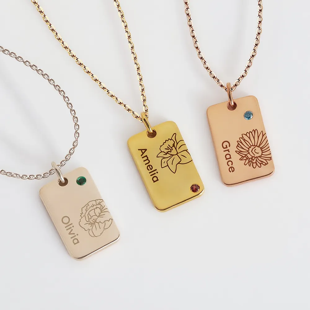 Custom Name Blossom Birth Flower Pendant Necklace with Birthstone-BY PROMISE-Birthstone,Birth Flower,Name