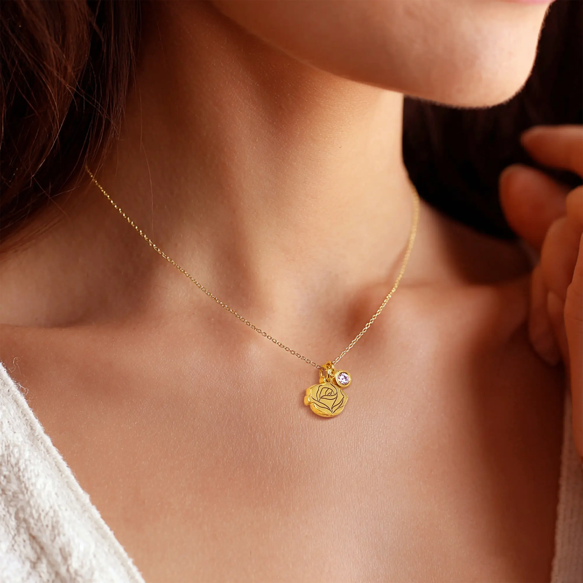 Custom Birth Flower Round Birthstone Necklace-BY PROMISE-Birthstone,Birth Flower