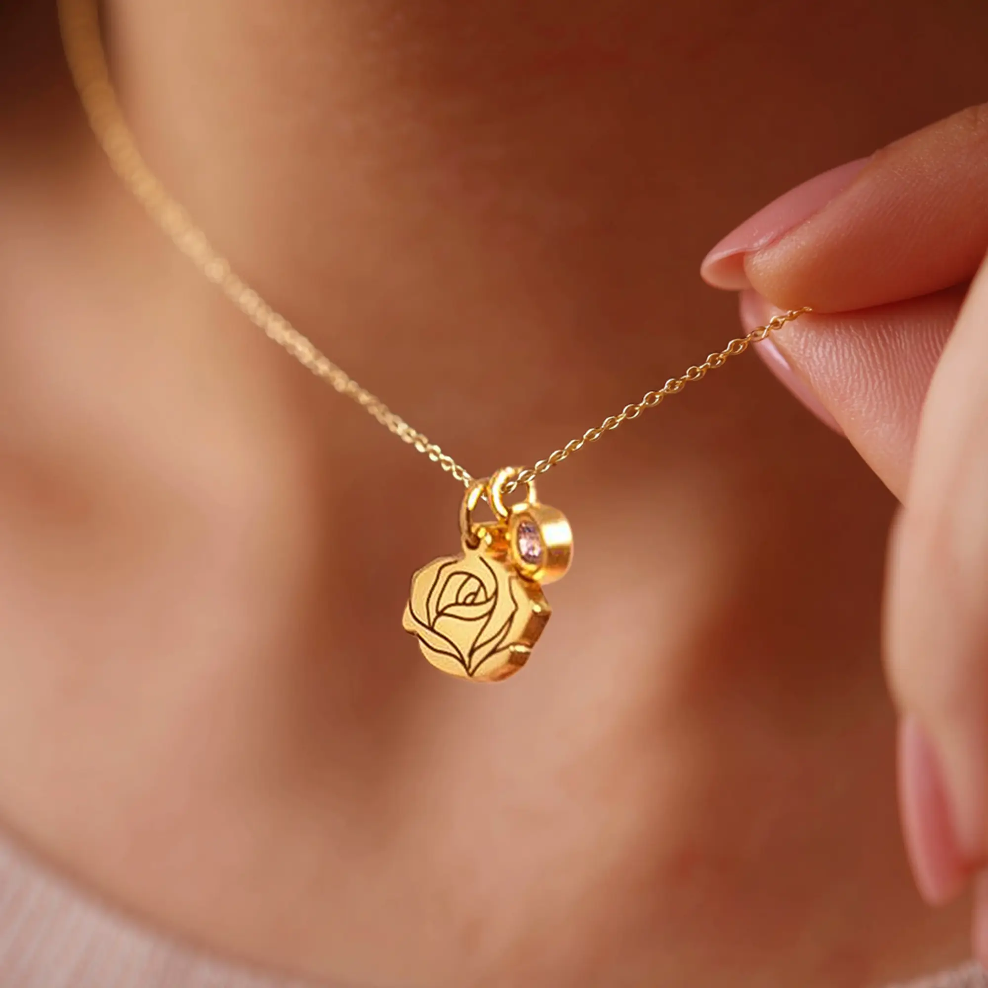 Custom Birth Flower Round Birthstone Necklace-BY PROMISE-Birthstone,Birth Flower