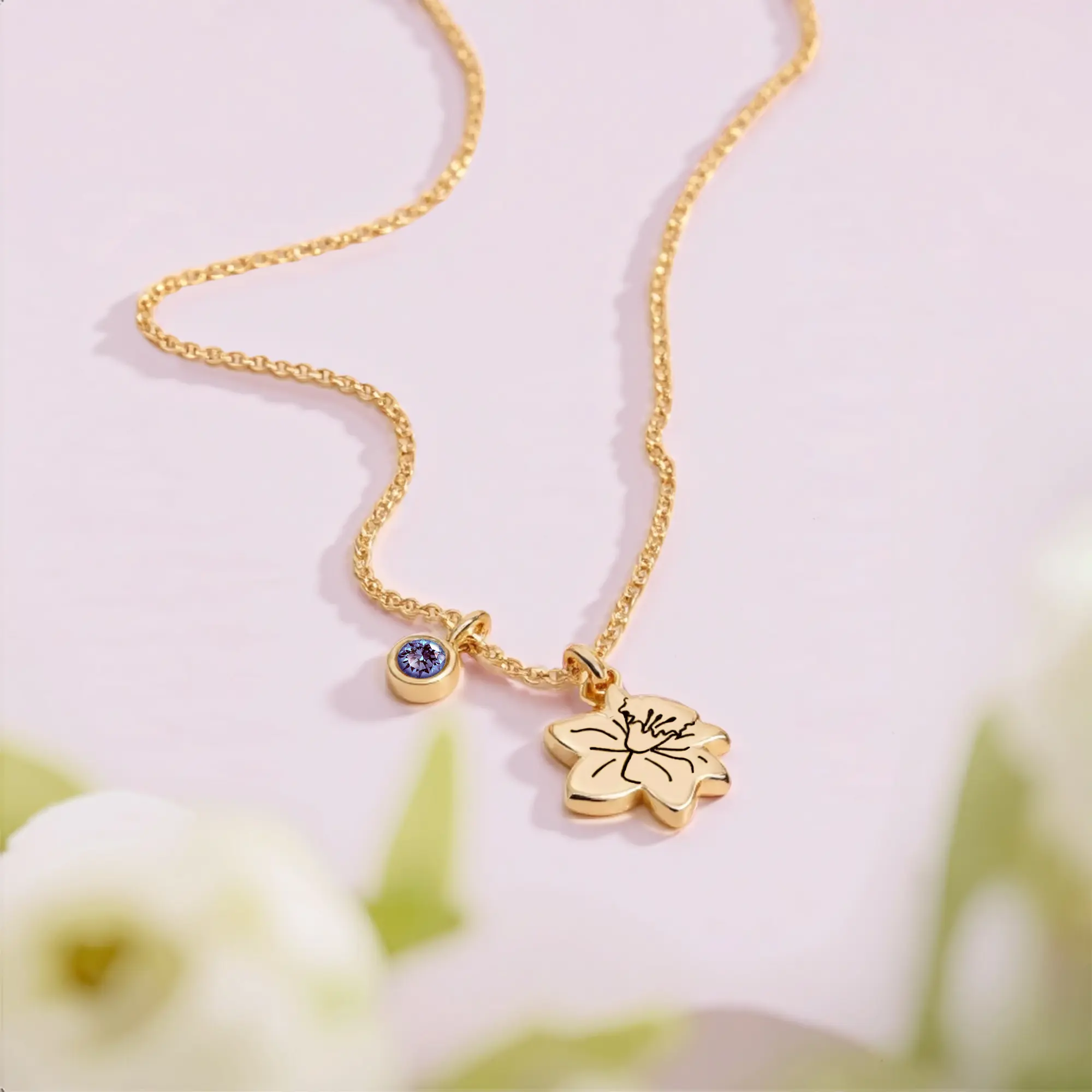 Custom Birth Flower Round Birthstone Necklace-BY PROMISE-Birthstone,Birth Flower