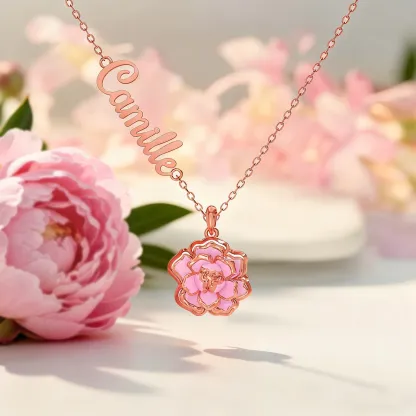 Whirling Blooms Collection Custom Spinning Birth Flower Necklace with Name