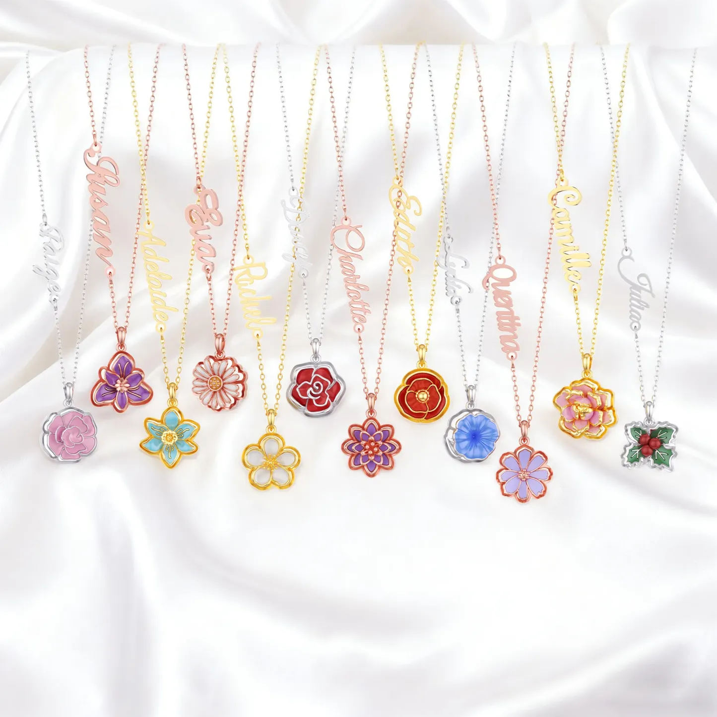 Whirling Blooms Collection Custom Spinning Birth Flower Necklace with Name