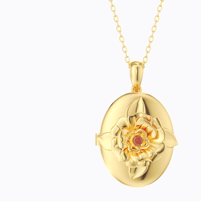 Custom Hidden Photo Birth Flower Locket Necklace with Birthstone