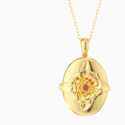 Custom Hidden Photo Birth Flower Locket Necklace with Birthstone