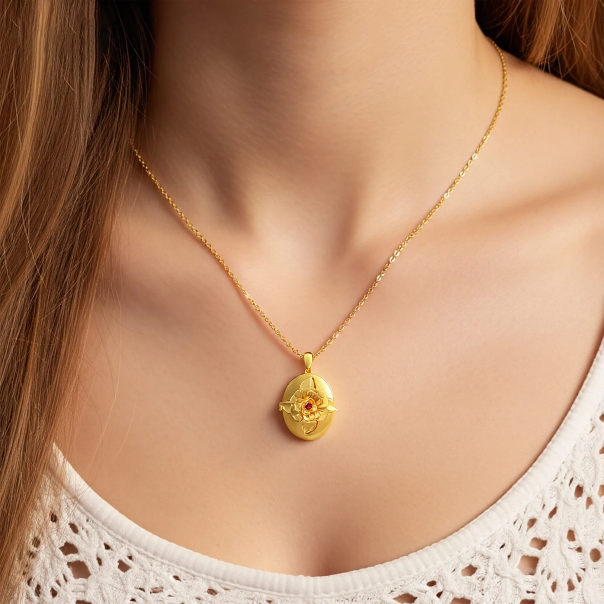 Custom Hidden Photo Birth Flower Locket Necklace with Birthstone