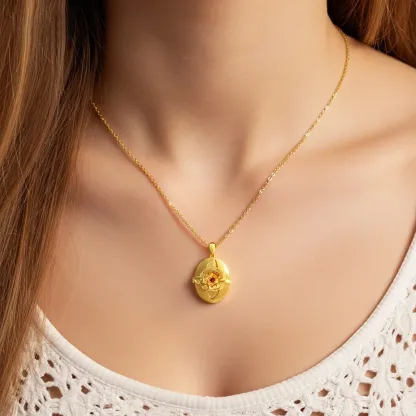 Custom Hidden Photo Birth Flower Locket Necklace with Birthstone