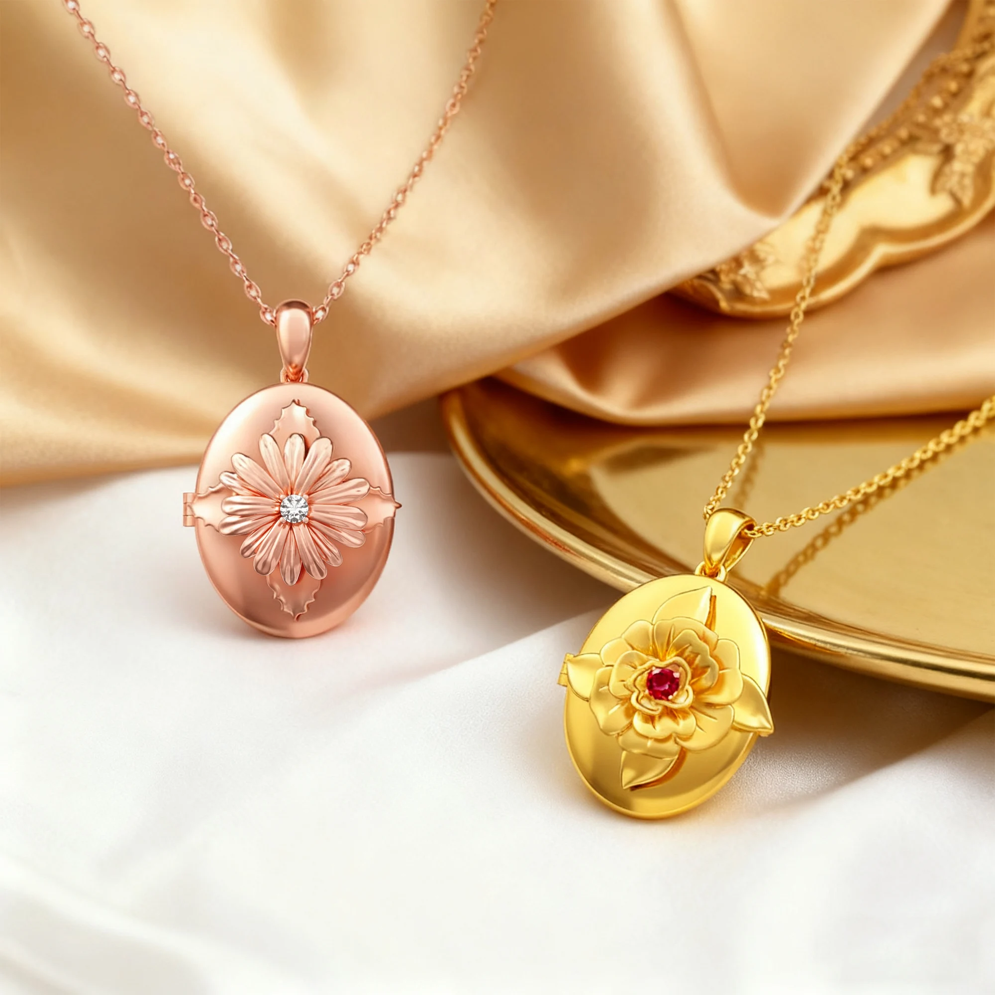 Custom Hidden Photo Birth Flower Locket Necklace with Birthstone