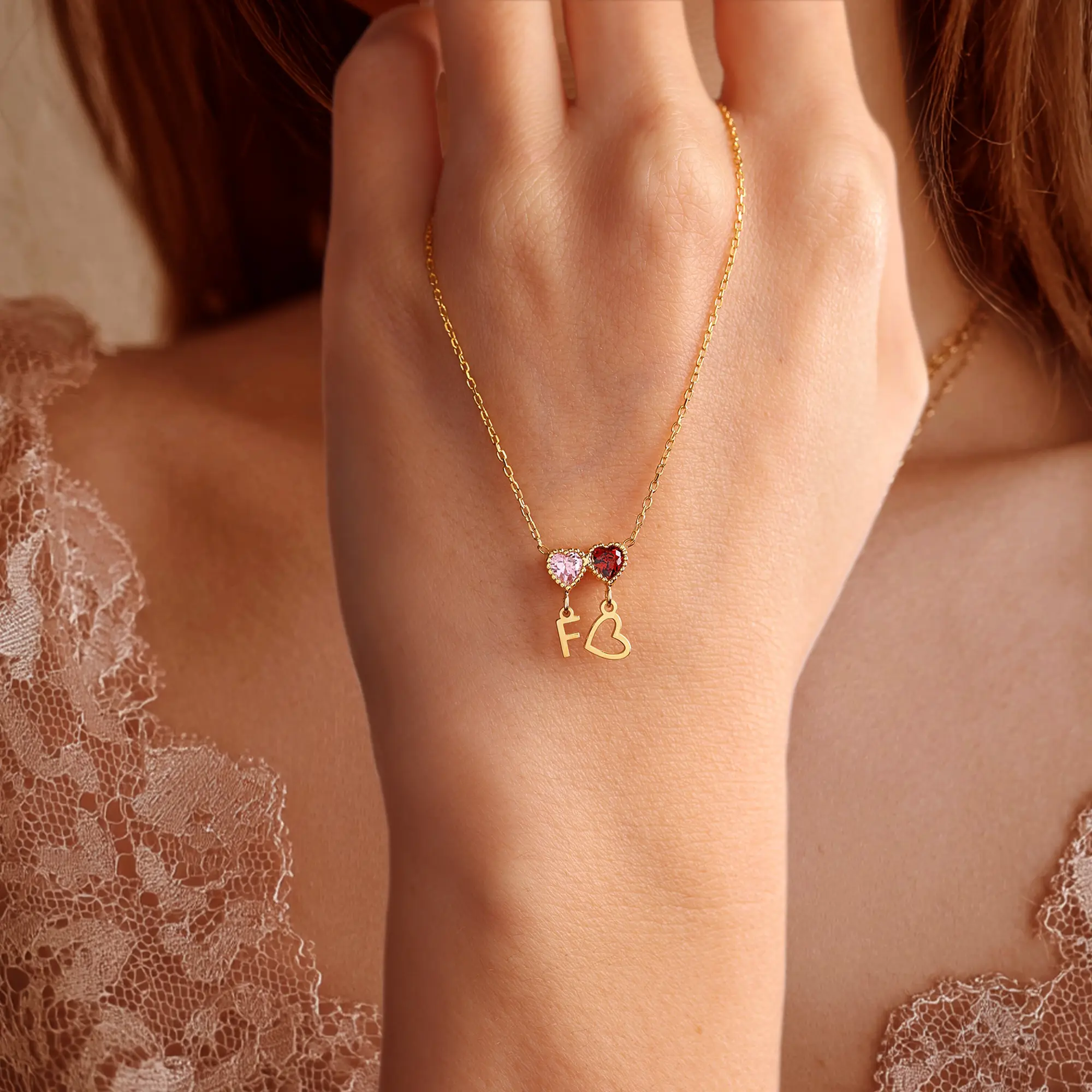 Heart Birthstone and Initials Necklace-BY PROMISE-For Mom,Birthstone,Initials