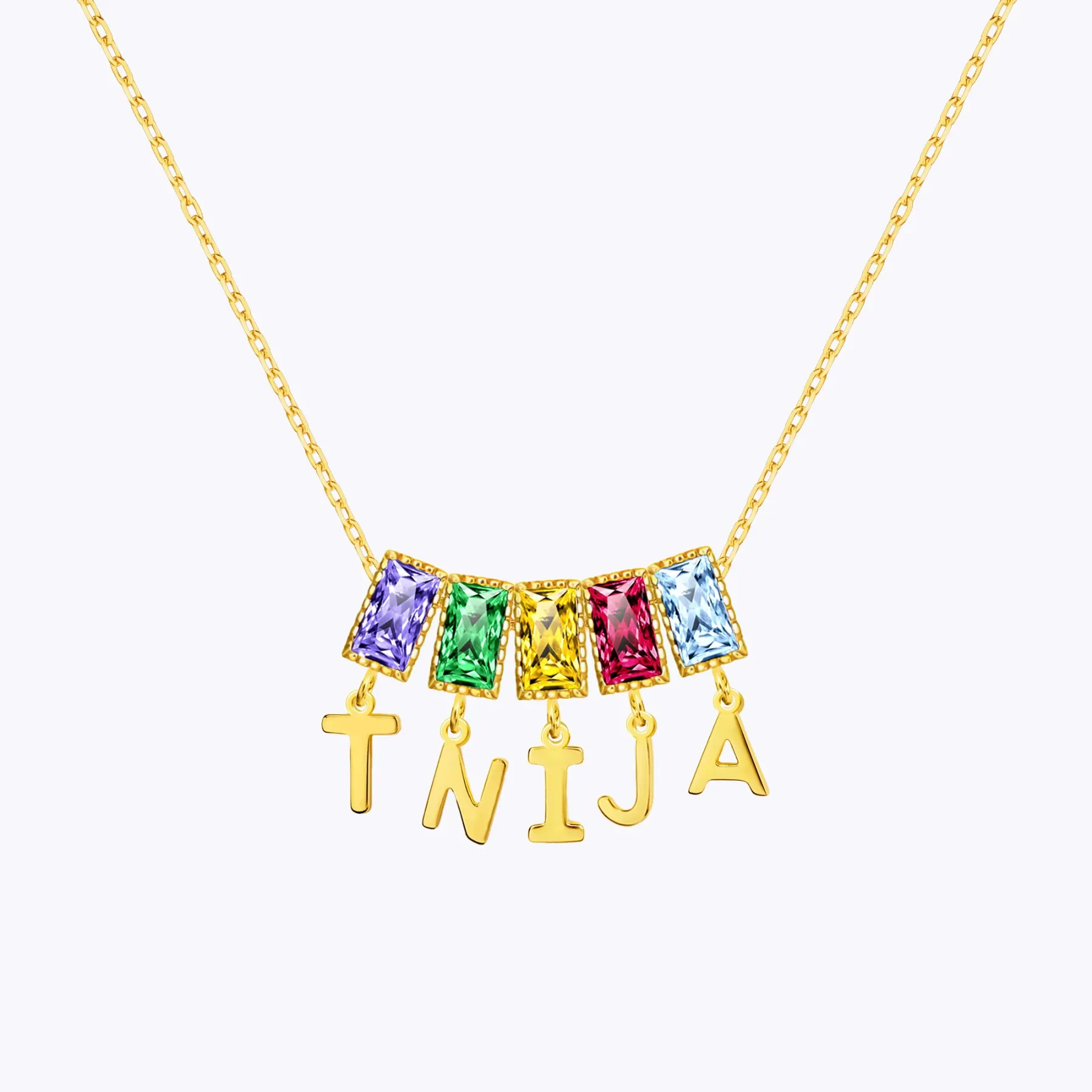Baguette Birthstone and Initials Necklace