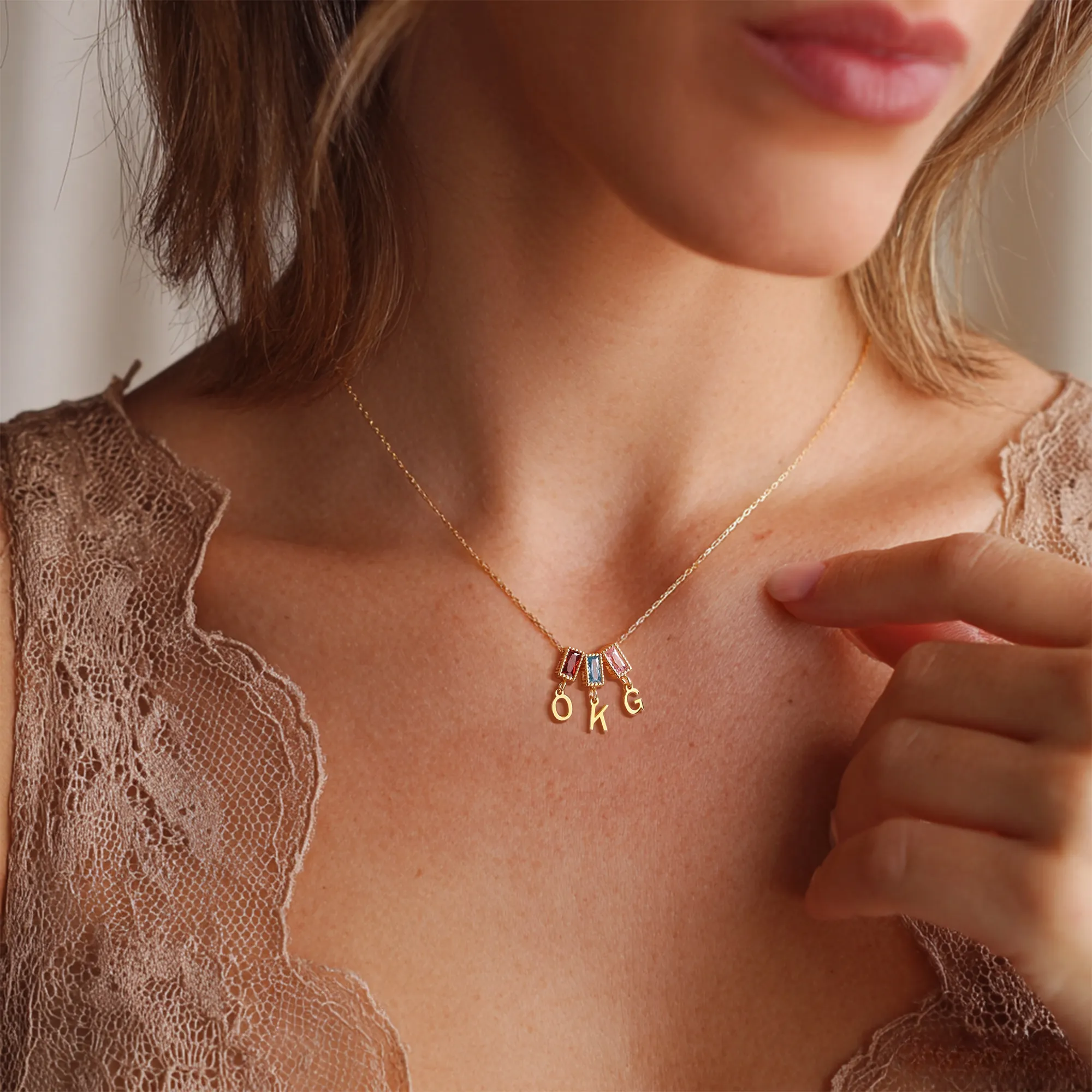 Baguette Birthstone and Initials Necklace