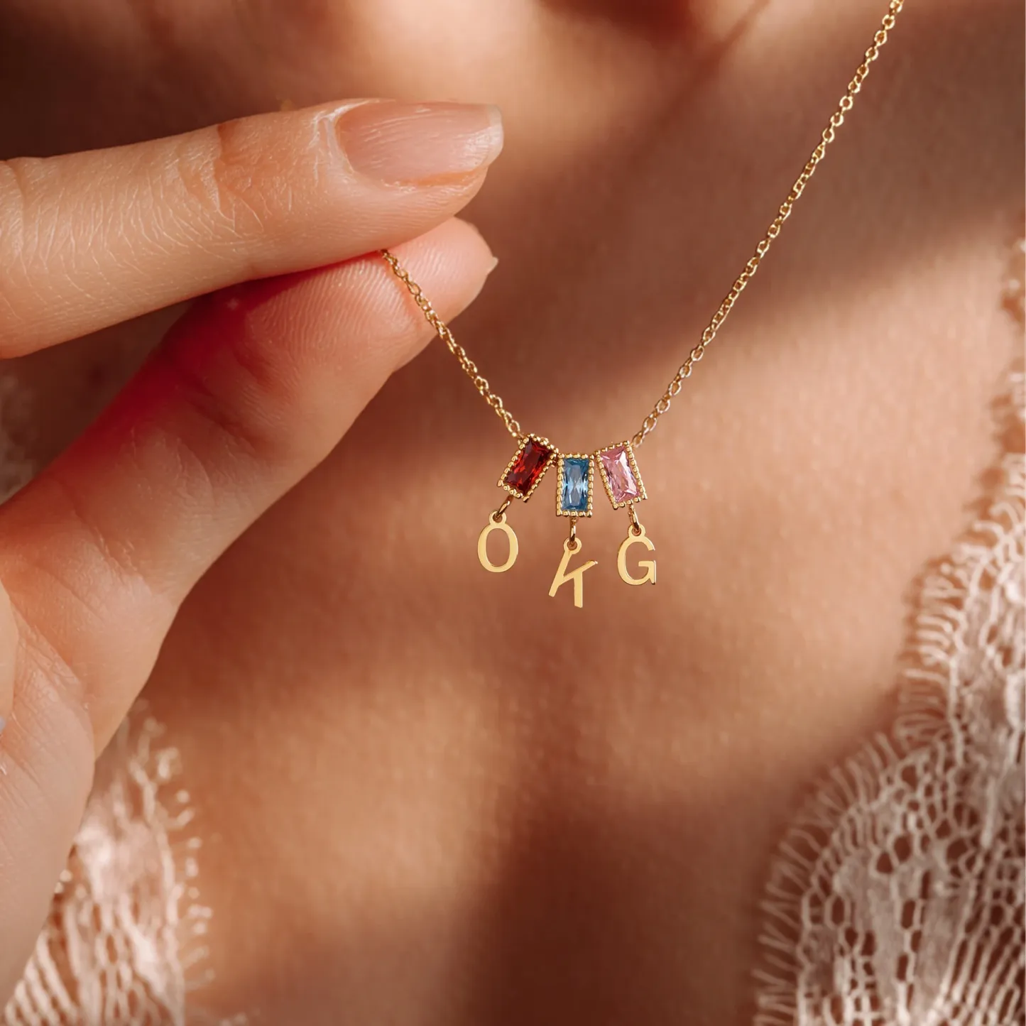 Baguette Birthstone and Initials Necklace