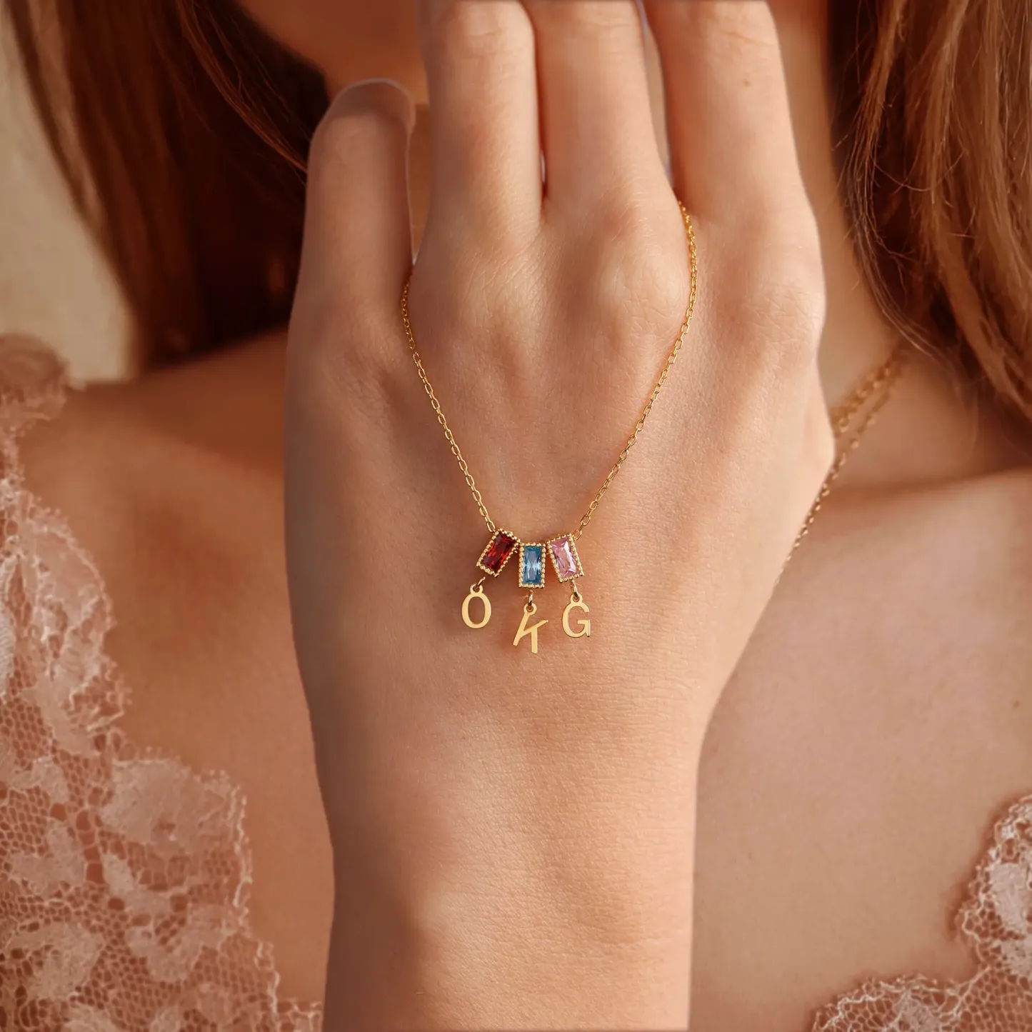 Baguette Birthstone and Initials Necklace