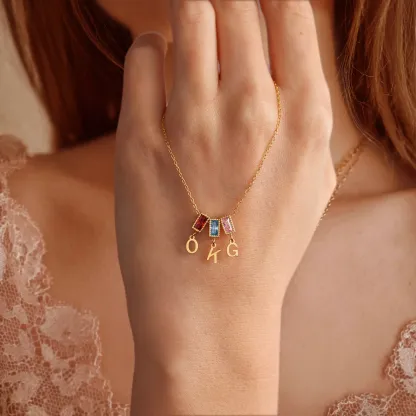Baguette Birthstone and Initials Necklace