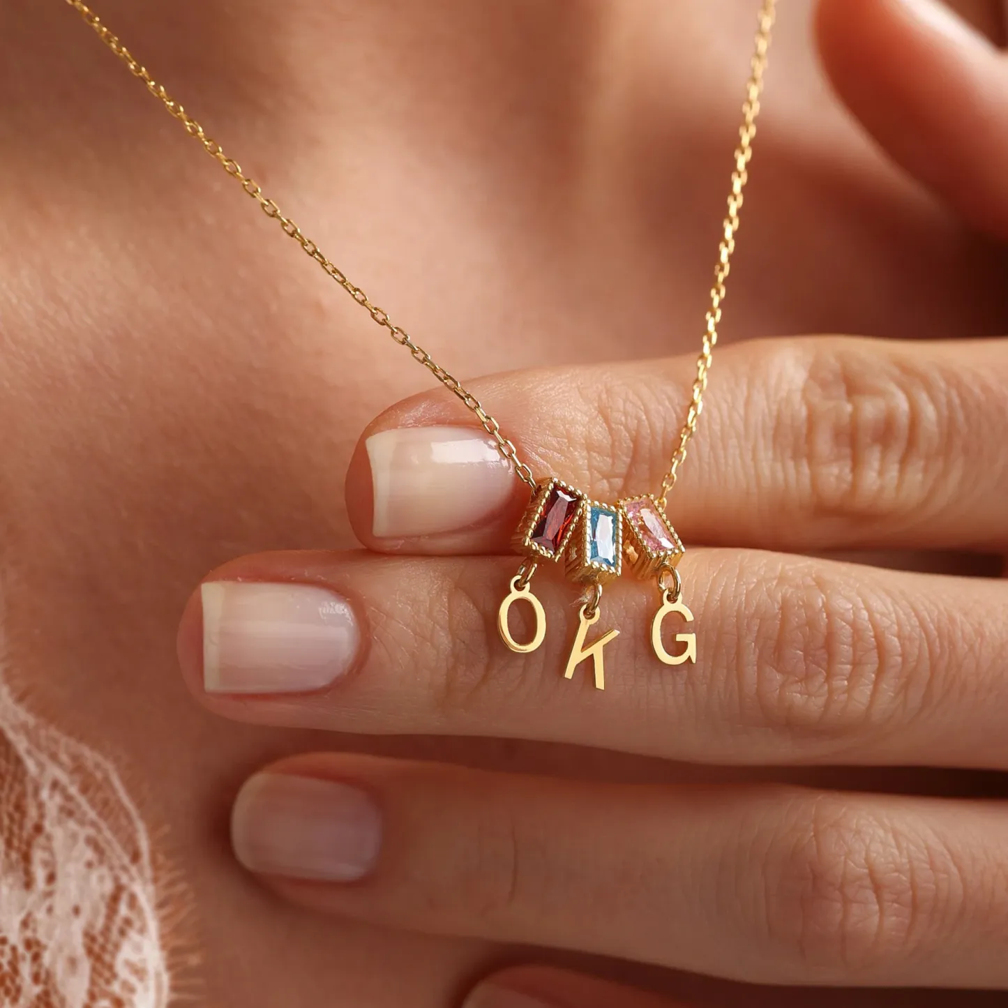 Baguette Birthstone and Initials Necklace