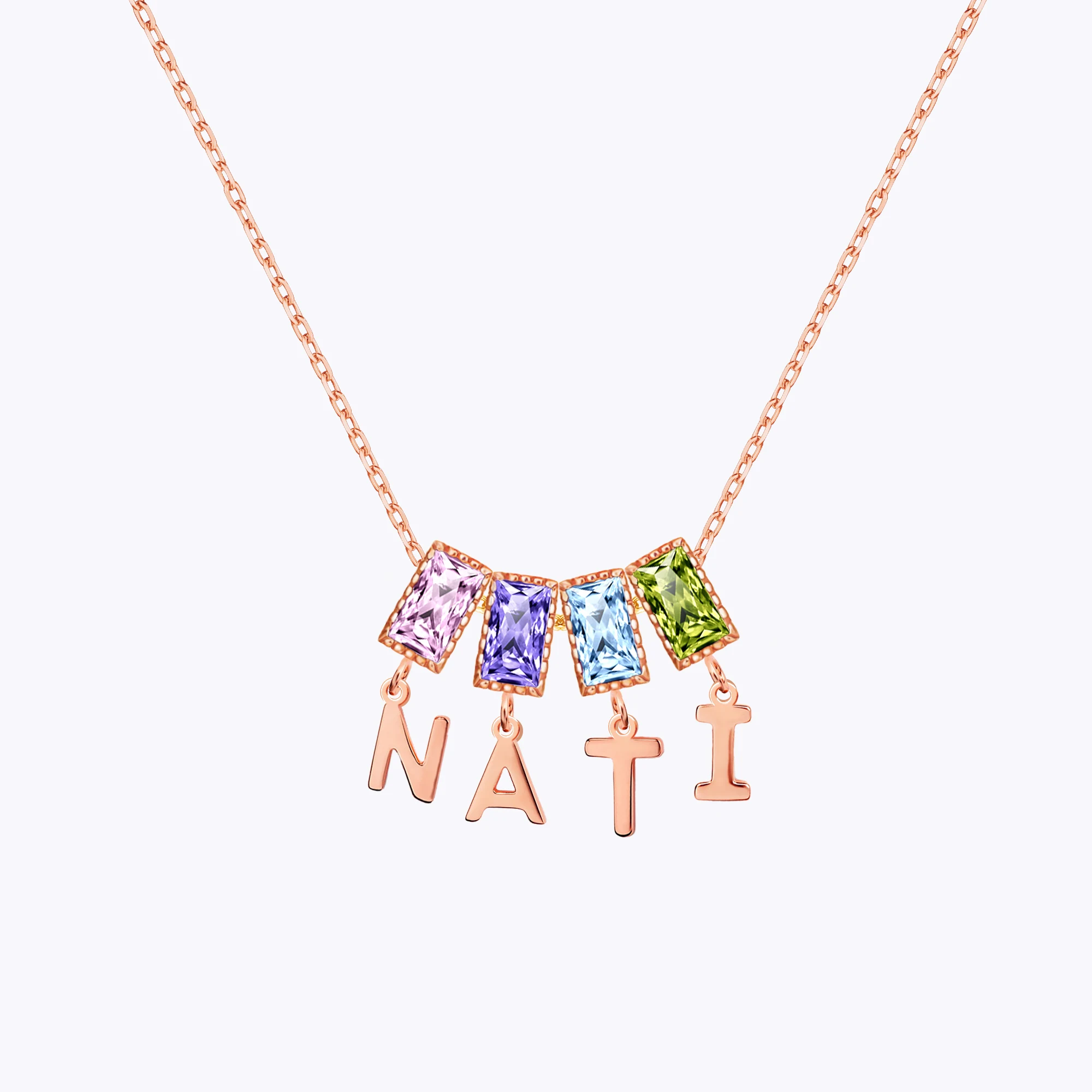 Baguette Birthstone and Initials Necklace