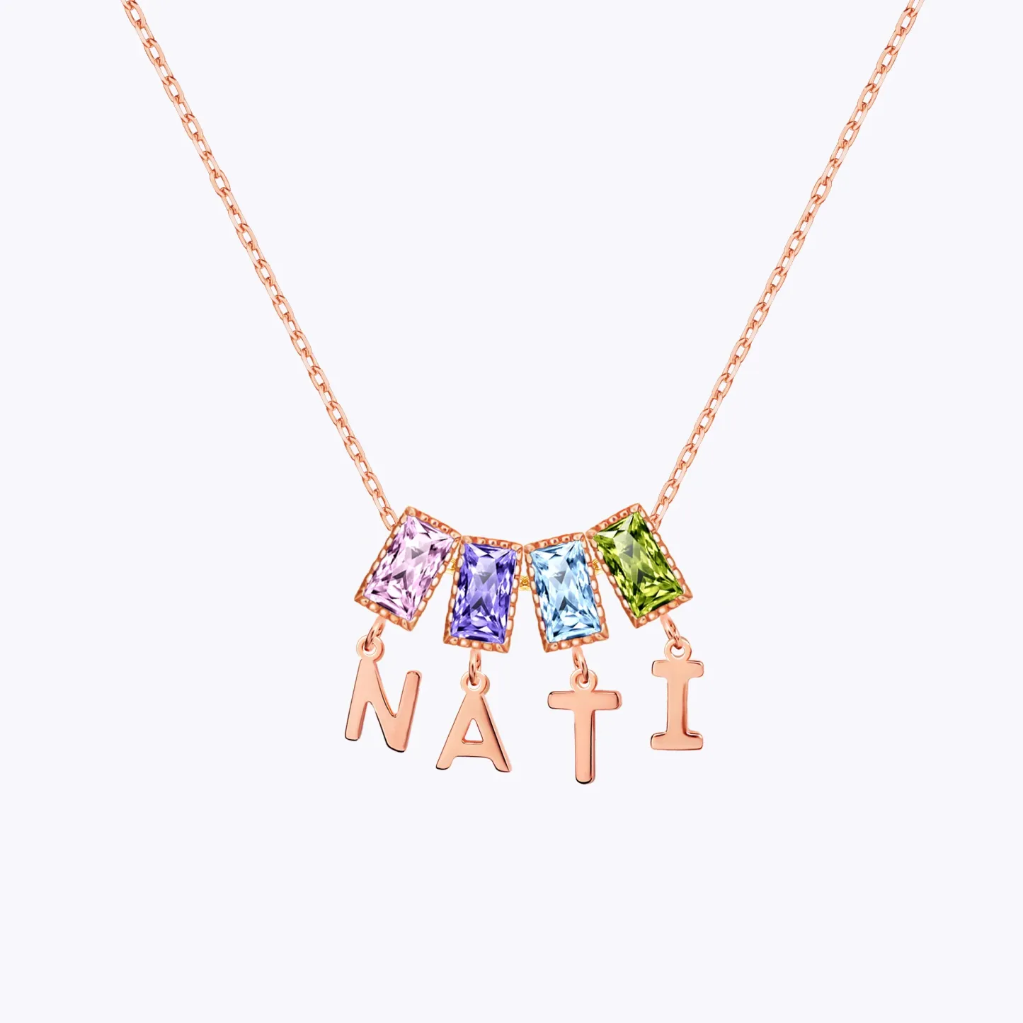 Baguette Birthstone and Initials Necklace